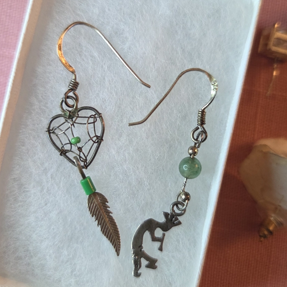 Southwestern .928 Silver Kokopelli & Dreamcatcher Feather Earrings W. Beads